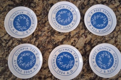 Set of (6) 2004 Athens Greece Olympic Games Coasters, Efsimon, Olympia 776 B.C.