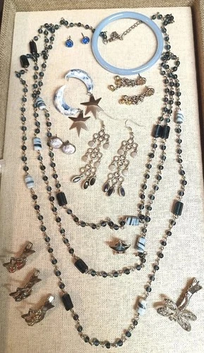 Vintage And Modern Blue Glass & Silvertone Costume Jewelry Lot Of 12 Pieces
