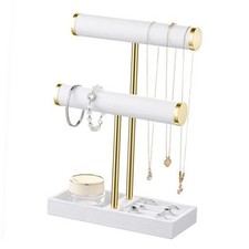 2 Tier Bracelet Holder Display - Detachable T Bar Velvet Bracelet Holder, White