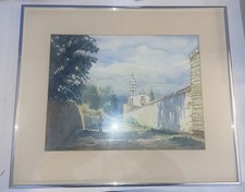 Large Framed Watercolor Painting “Man Walking Down Street” Signed Aguillante