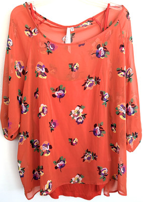 Bellatrix Blouse Women 2X 2 Pc Set Floral Sheer Roll Tab Sleeve Layered Top USA