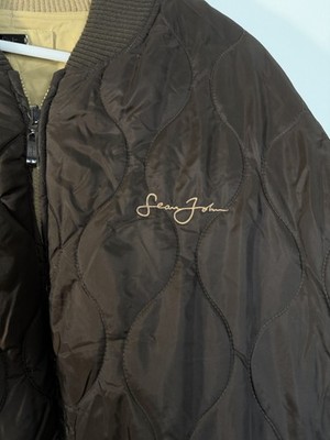 Sean John Quilted Logo Zip Bomber Jacket Brown Beige Men's XXXL Mid-Length