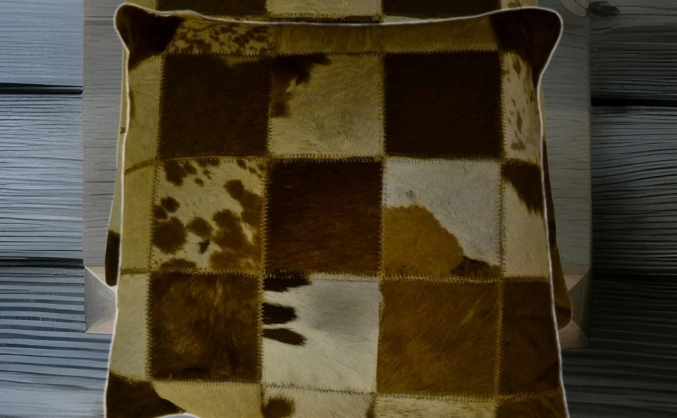 Almohada Western Cow Patchwork con Inserto Marrón 100% Cuero Cuero de Vaca 19" Cuadrado  Foto 4 de 4