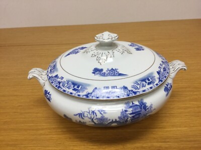 Antique Palissy Ware Blue & White 8  Covered Vegetable Bowl - Excellent 
