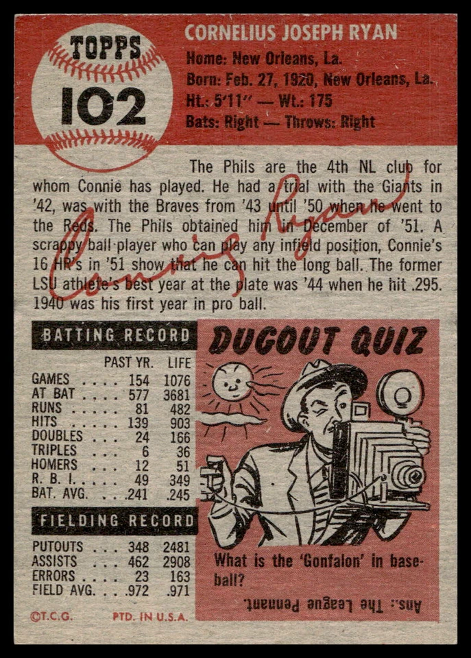 1953 Topps #102 Connie Ryan Philadelphia Phillies NR-MINT - Image 2 of 2