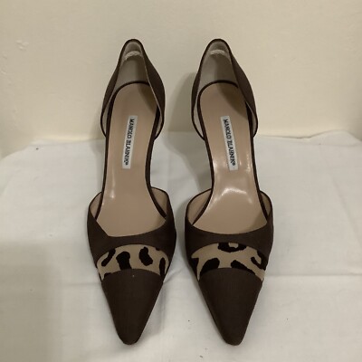 New wbox Manolo Blahnik Brown Linen Sheer Animal Print Band Pumps  EU40.5/10.5