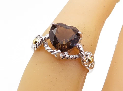 925 Silver & 18K GOLD  Smoky Topaz Heart Two Tone Solitaire Ring Sz 6  RG3941