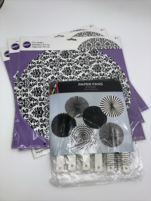 NEW Black/White Party Dec.  6 Paper Fans Hobby lobby & 18 Wilton Paper Doilies