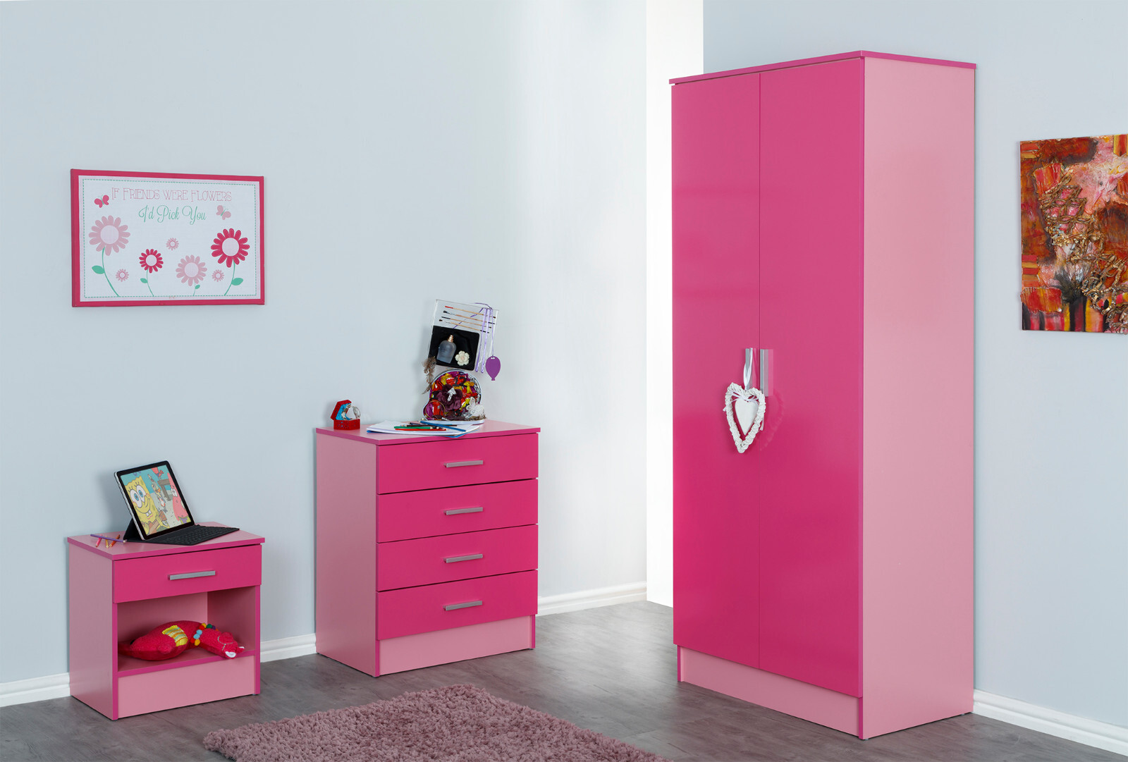 3 Piece Modern Bedroom Furniture Set Wardrobe Chest Bedside Pink Two
