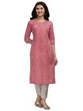 Indian Fashion Women's Pure Cotton Printed Straight Kurti Pink 