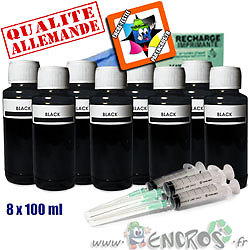 Recharge encre universelle Canon noir : pack de 8 flacons de 100ml pour imprimante jet d'encre