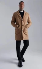 BOOHOO MAN Single Breasted Polyester Overcoat Size XS Beige Tan Camel Pea Coat