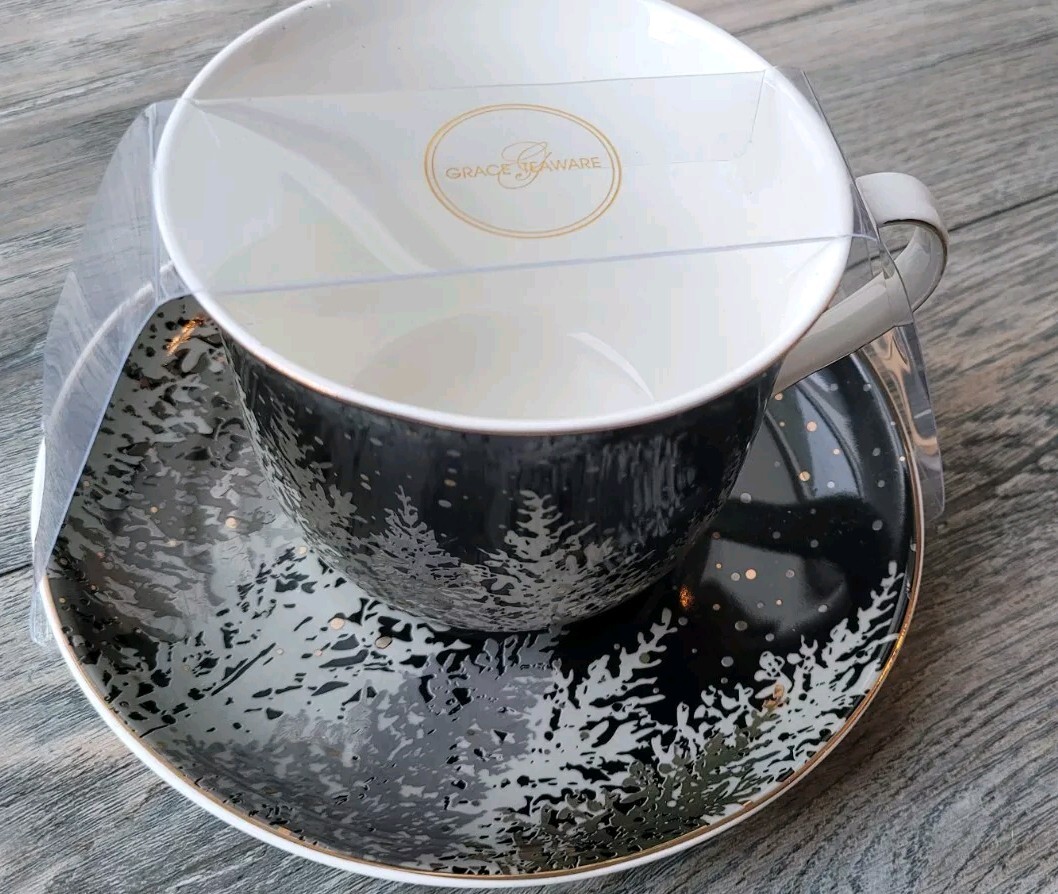 Grace's Teaware Teacup & Saucer Fine Porcelain Black Gray Gold Christmas  Winter