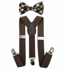 Plaid Brown toddler bow tie and suspenders set for baby, 5 to 6 years old boy