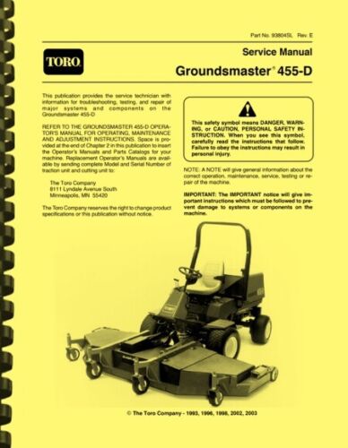 Toro Groundsmaster 455-D 455D Diesel Lawn Mower SERVICE MANUAL - Picture 1 of 4