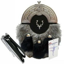 Scottish Kilt Grey Goat Skin Full Dress Sporran Celtic Antique Chrome Cantel