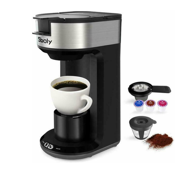 Sboly Single Serve Coffee Maker, brew two ways ground coffee or k pods