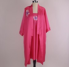 Vtg Natori Neiman Marcus Hot Pink Embroidered Nightgown Robe Set Peignoir S