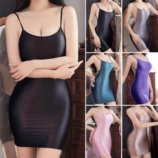 Women's Backless Oil Shiny Glossy Bodycon Short Mini Dress Party Club Cami Dress