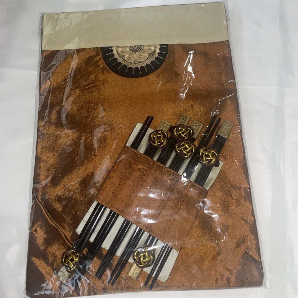 NEW ORIENTAL 6 SILK MEDALLION PLACEMATS W SIX SETS CHOPSTICKS With Holder - Image 3 of 4