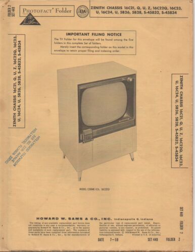 Zenith 16C21 1959 manual de servicio de televisión fotofact 16c22q 16c24 5b26 5b28 ++ - Imagen 1 de 1