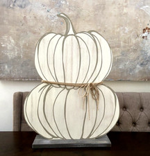 Standing Rustic Neutral Stacked Pumpkin Fall Harvest Shelf Sitter Sign Decor EUC