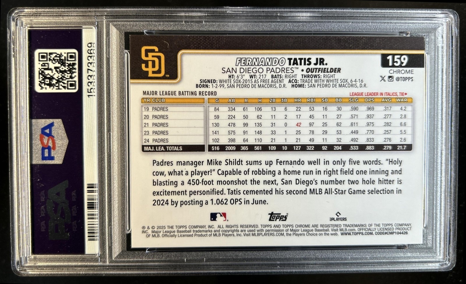 2025 Topps Chrome Sapphire Fernando Tatis Jr. Padparadscha Refractor #1/1 PSA 10 view 2