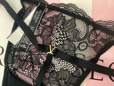 NEW Victoria's Secret Adjustable V-String Panty Black Lace Gold V Hardware L