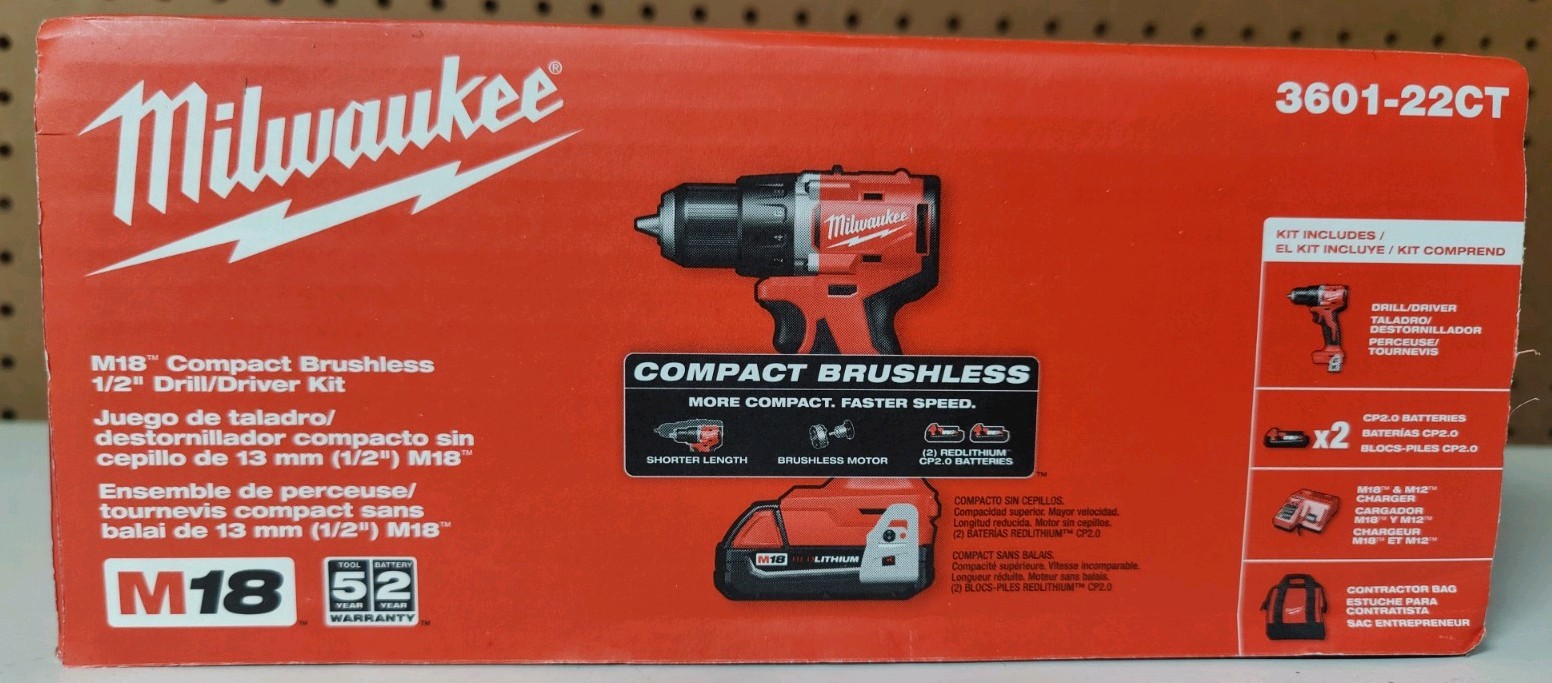 Milwaukee Tool 3601-22Ct M18 Compact Brushless 1/2" Drill/Driver Kit
