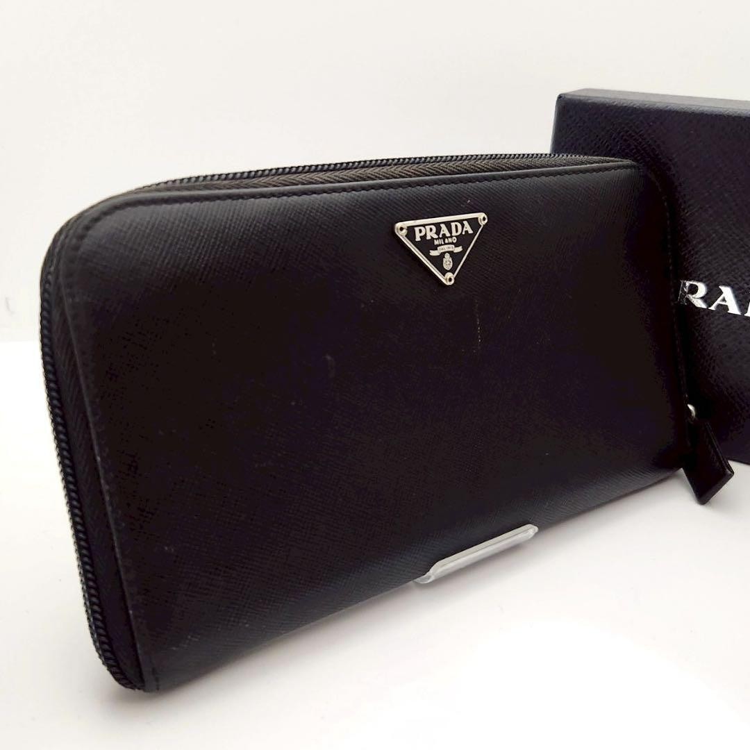Prada Black Saffiano Leather Long Wallet with Triangle Logo Zipper Unisex