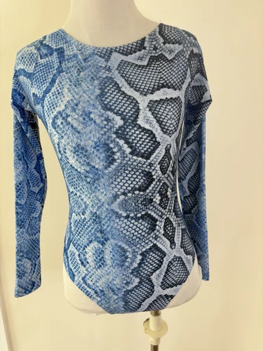 The Lure Blue Snake Print One Piece Bathing Suit, Long Sleeve Open Back - Picture 1 of 6