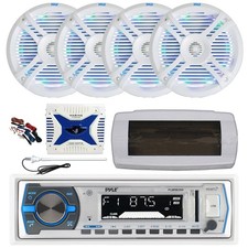 Pyle Bluetooth Marine Radio, Cover, Antenna,Amp w/Kit, 4x 6.5" LED White Speaker