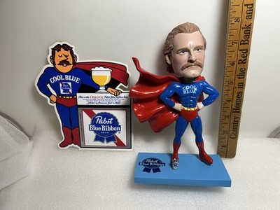 PABST BLUE RIBBON PBR COOL BLUE SUPERMAN MINI STATUE/BOBBLE-HEAD NODDER W/ CAN