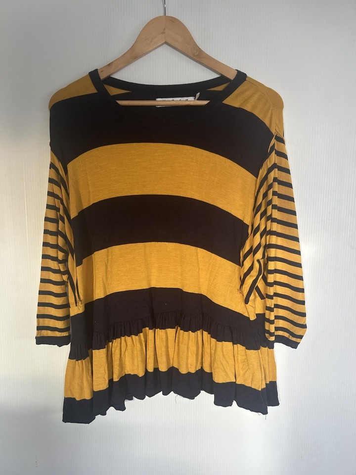 Little Birdie Told Me Top Womens M Mustard Blue Stripe 3/4 Sleeve Tunic Tee