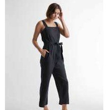 Quince Black Linen Square Neck Jumpsuit Wide Leg Sleeveless Pockets Large