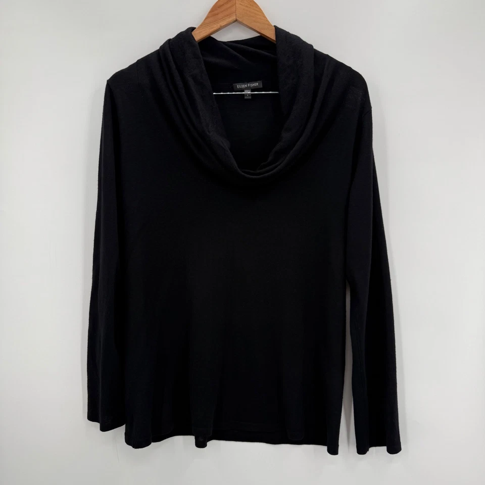 Top de mujer Eileen Fisher negro de lana merino con capucha y cuello manga larga talla grande Foto 2 de 4
