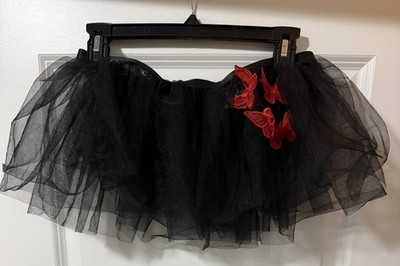 Women s Black Mesh Sheer Short  Tutu Skirt SZ S Red Butterflies Appliqués