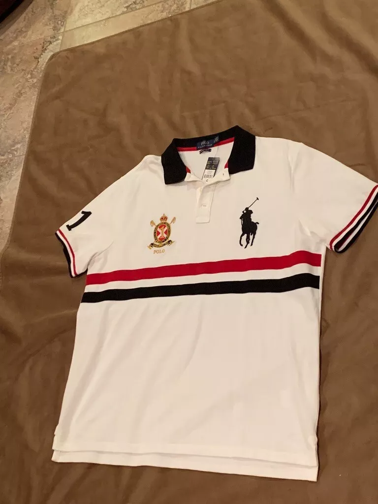 Polo Ralph Lauren Mens White Gold Red Blue Slim Fit Polo Shirt Top