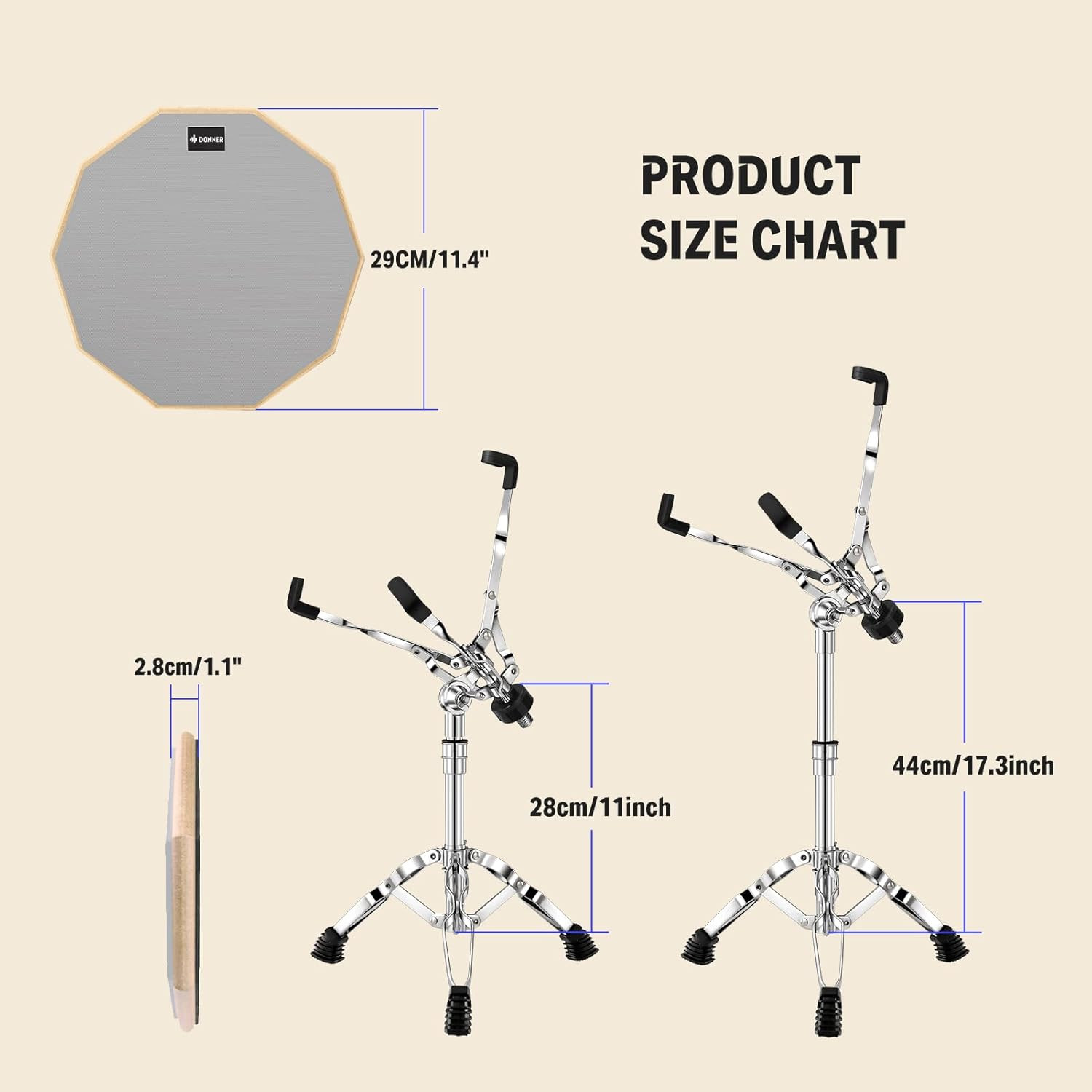 Snare Drum Stand Set with Drum Practice Pad, 12'' Double-Sided Silent Drum Pad S