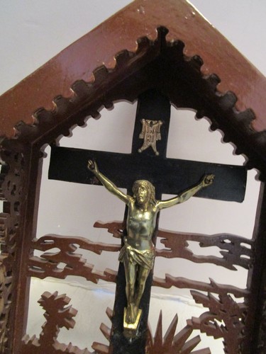 Antica nicchia altare casa intagliato a mano trame croce in legno Cristo pala d'altare alta 12 - Foto 6 di 12