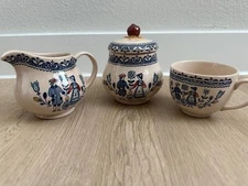 Vintage Johnson Brothers Hearts & Flowers sugar bowl with lid, mug, and creamer