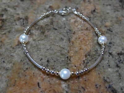 14 Karat Gelbgold Perlen, Sterlingsilber Perlen & Zuchtperlen Armband 7,5 Zoll