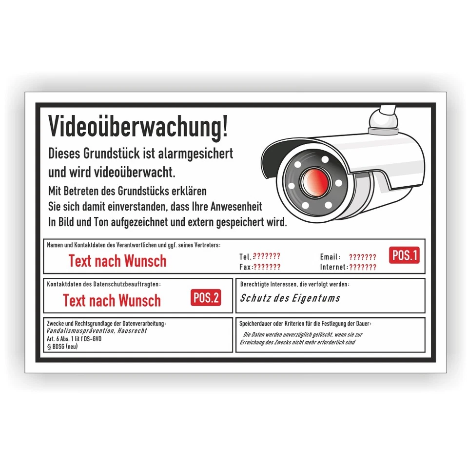 PRINTENGEL Videoüberwachung Kamera Hinweis nach DSGVO Personalisiert Warn-Schild BDSG Vi138