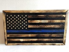 Handmade Thin Blue Line Wooden American Flag 20x11.5 Rustic Wall Decor