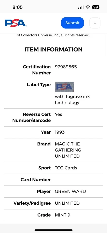 GREEN WARD Unlimited Edition 1993 Magic the Gathering MTG Uncommon🔥PSA 9 MINT🔥 - Image 4 of 4