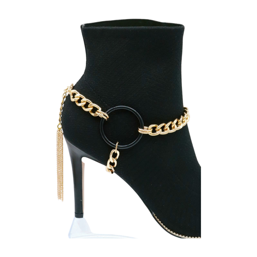 Chaîne femme métal doré 2 bottes bracelet chaussure cercle noir breloque gland moto - Photo 4/24