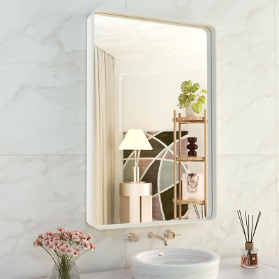 Matte White Rounded Rectangle Bathroom Mirror 24x36, Anti-Rust, Versatile Hang