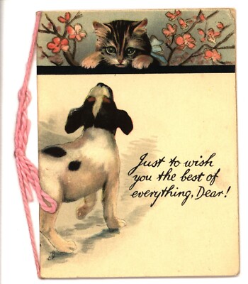 puppy stands looking up at kitten behind wall, artist B. Cobbe, R. Tuck