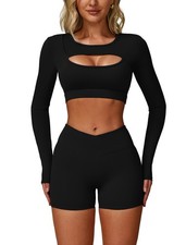 2 Piece Workout Sets for Women Seamless High Waist Shorts Yoga Long Sleeve Cu...