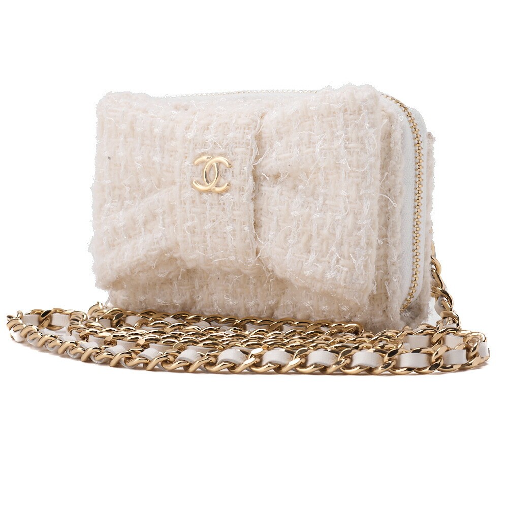 CHANEL Mini Matelasse Tweed Bag with Chain Shoulder Strap White Gold Hardware 756828